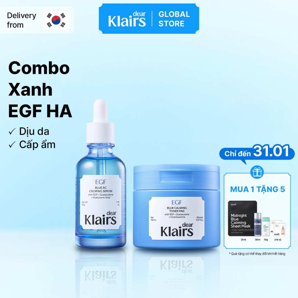 [Klairs Global] [Combo Xanh EGF HA] Dear Klairs EGF Blue AC Calming Serum 50g+ EGF Blue Calming Tone