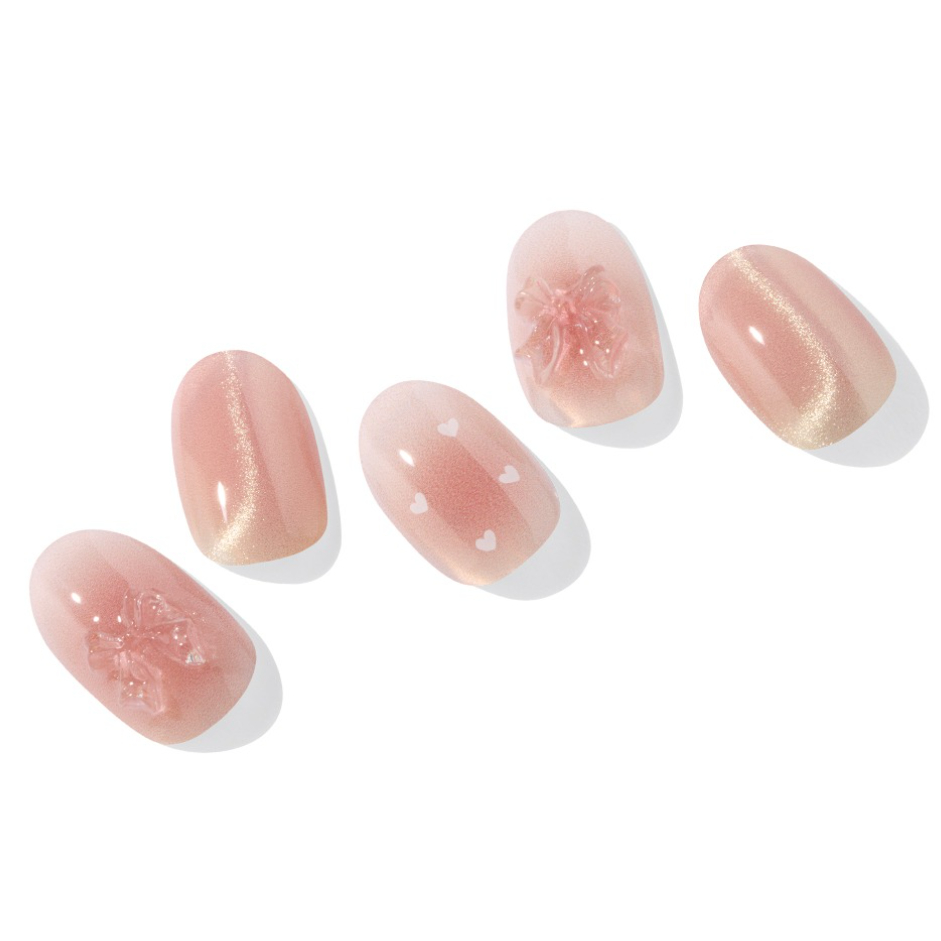 Ohora N Sweet Bow Nail Semi Cured Gel Nail Strip Heart Ribbon Pink Nail 30 chiếc
