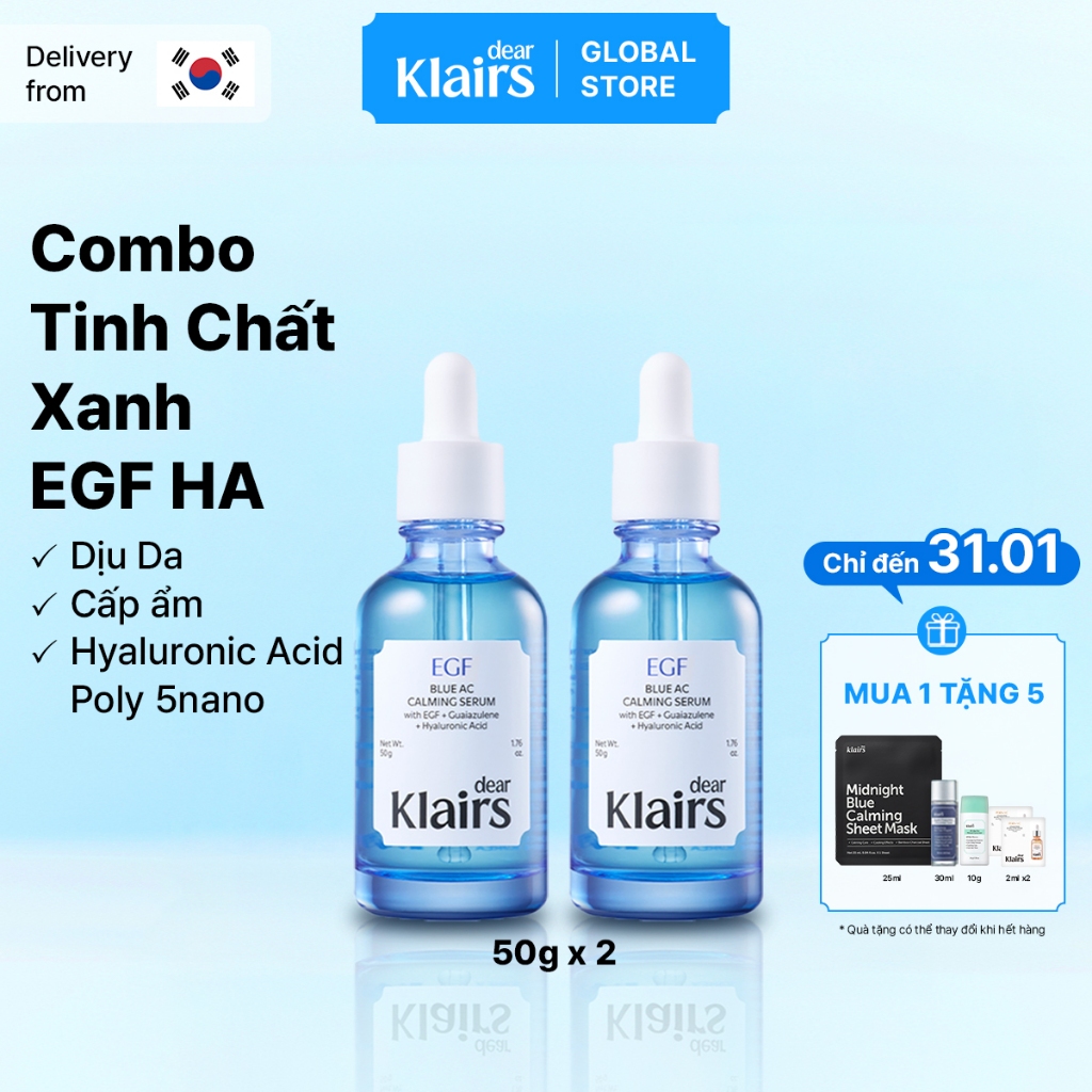 [Klairs Global] [Combo Serum 50g x 2] Tinh chất xanh Dear, Klairs EGF Blue AC Calming Serum 50g