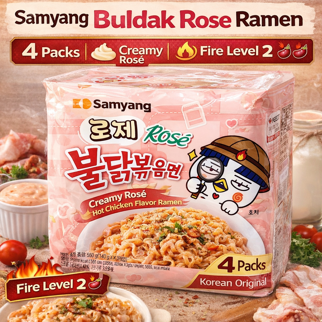 Samyang Buldak Rose Ramen 4 Gói (140g x4) | Mì hương vị gà nóng Rosé cay Hàn Quốc | Mì xào ăn liền K