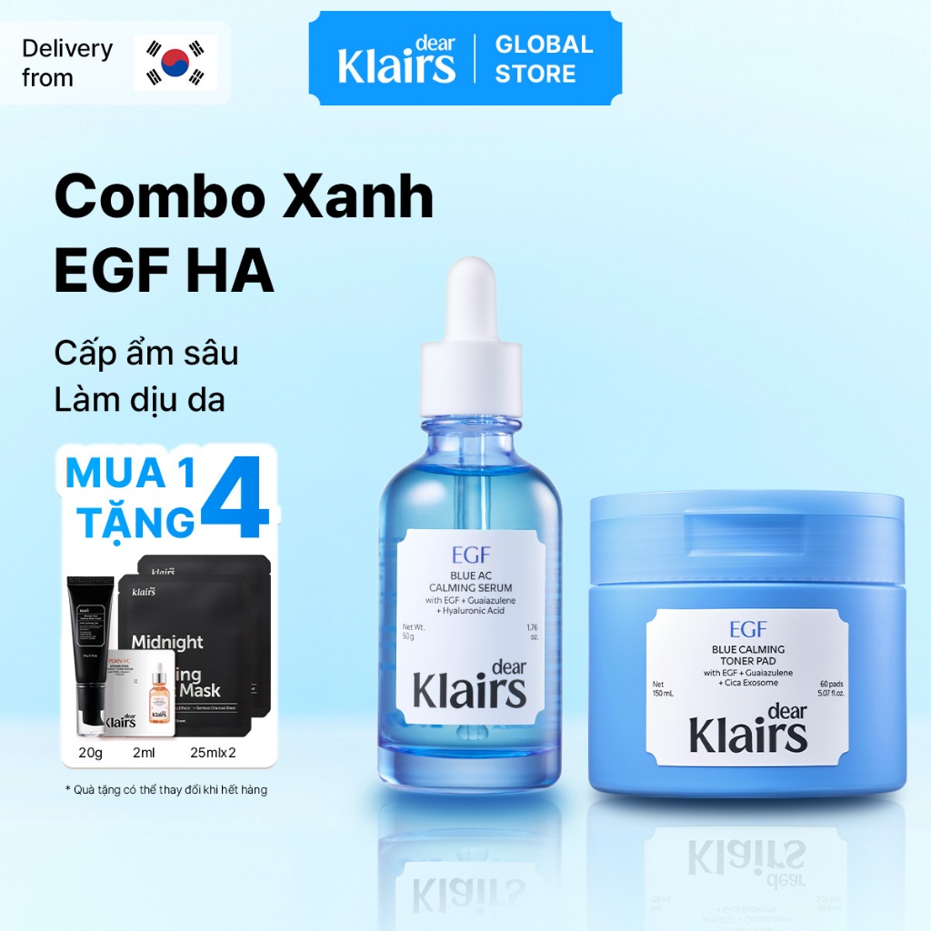 [Klairs Global] [Combo Xanh EGF HA] Dear Klairs EGF Blue AC Calming Serum 50g+ EGF Blue Calming Tone