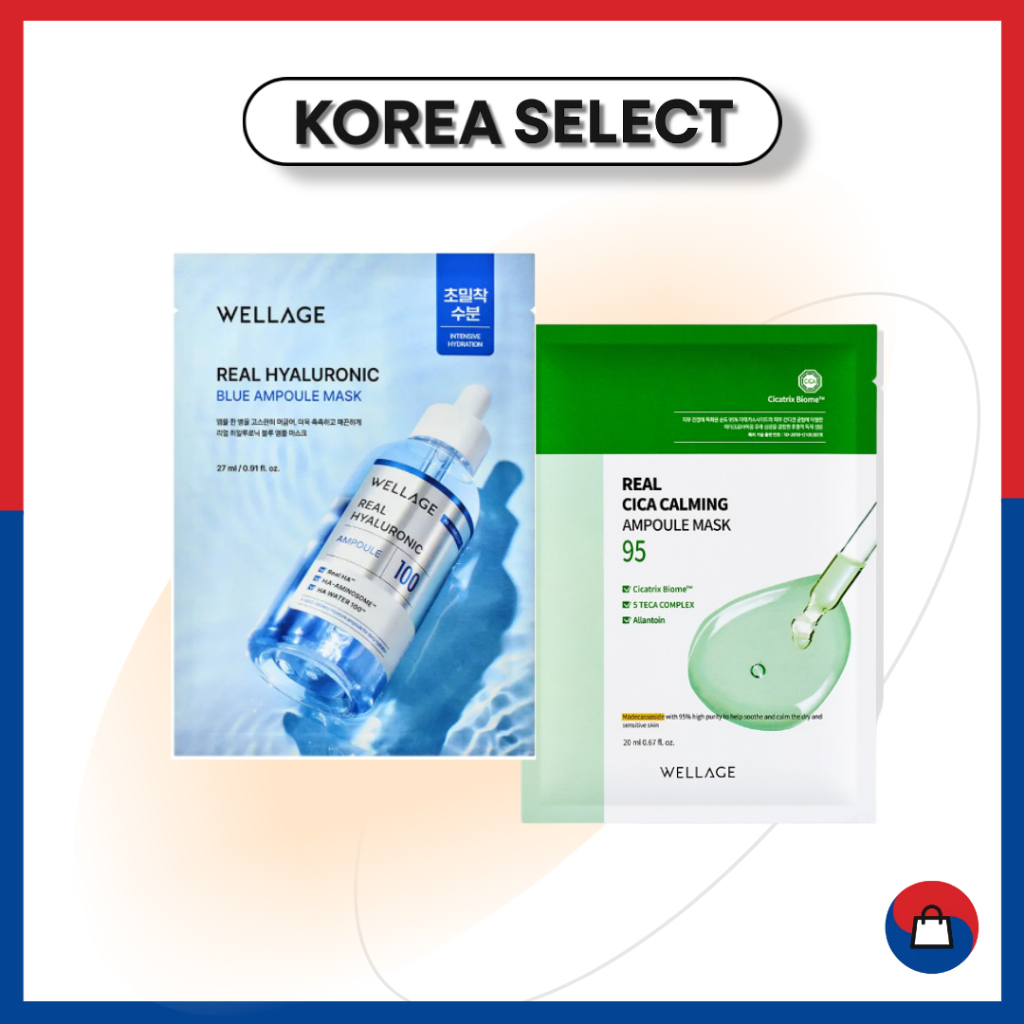 Wellage Real Hyaluronic Blue Ampoule Sheet Mask / Wellage Real Cica Calming Ampoule Sheet Mask (5ea,
