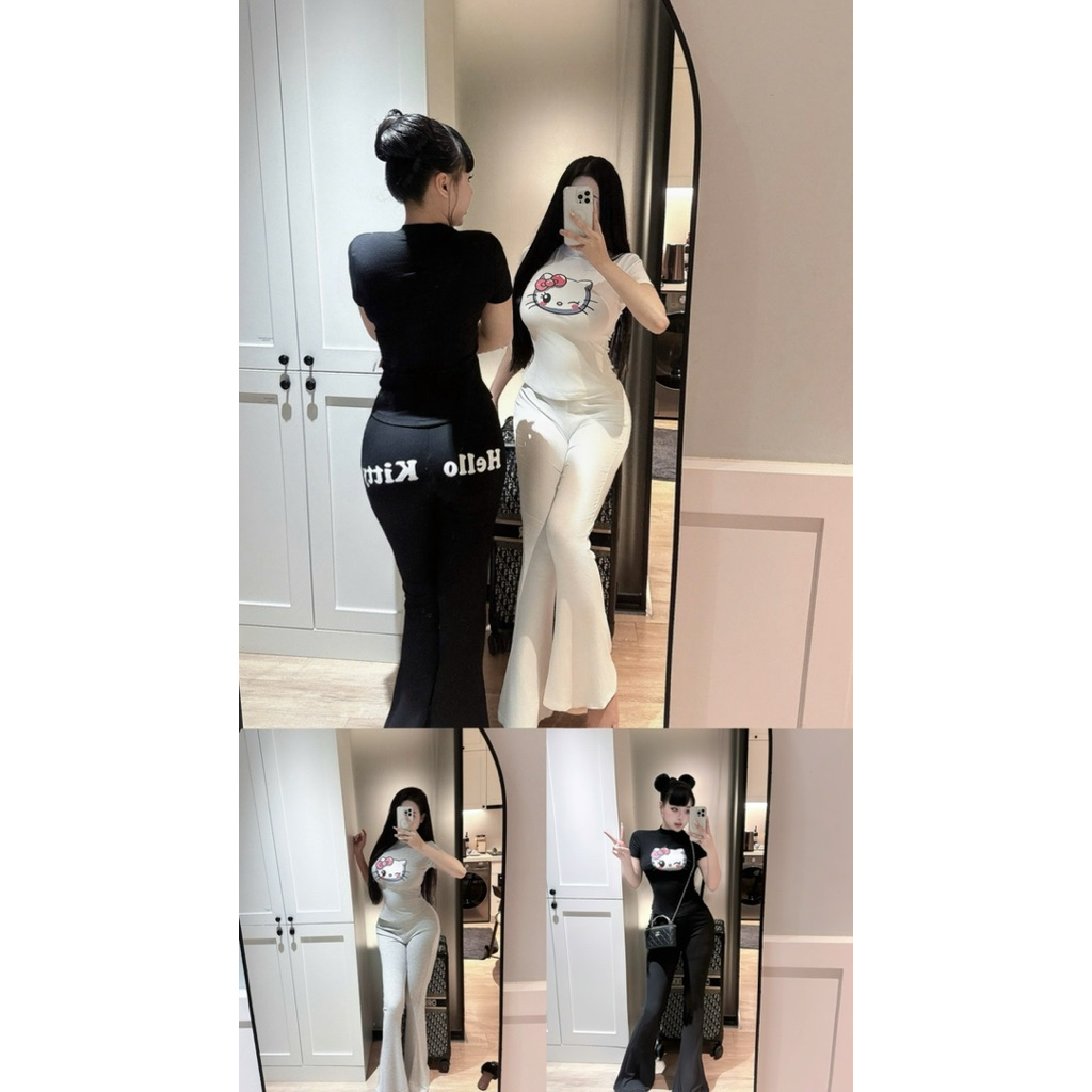Tv52 Set nữ hello kitty - Áo thiết kế ôm body phối quần ống loe tôn dáng - Mặc nhà đi chơi xinh