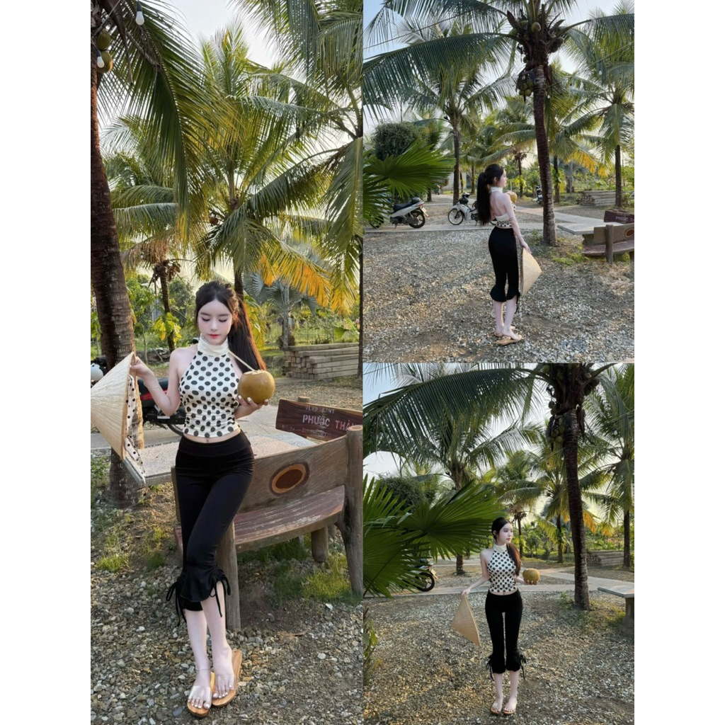 Hd119 Set nữ 2 món thiết kế - Áo chấm bi cổ yếm + quần lửng tôn dáng - Đi chơi xinh