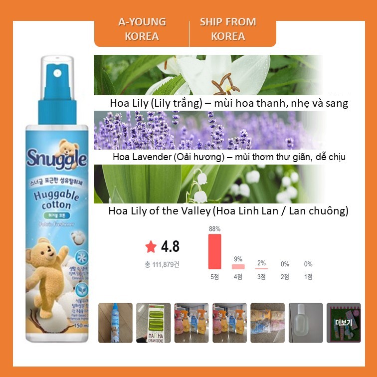 [Hàn Quốc Snuggle] Huggable cotton Xịt thơm quần áo Snuggle lưu hương lâu nội địa Hàn Quốc