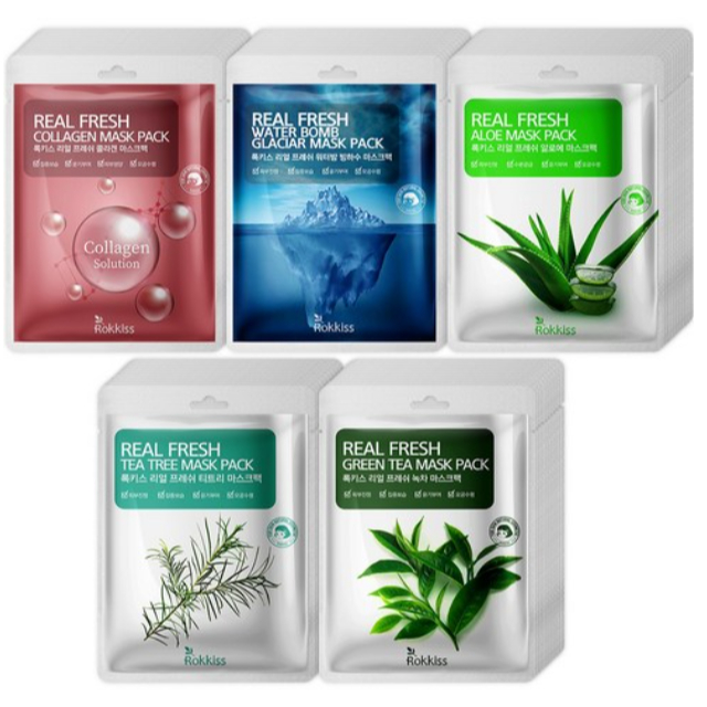 Bộ mặt nạ Rokkiss Real Fresh Sheet (50 chiếc) Nước Glacier 10P + Collagen 10P + Cây trà 10P + Lô hội