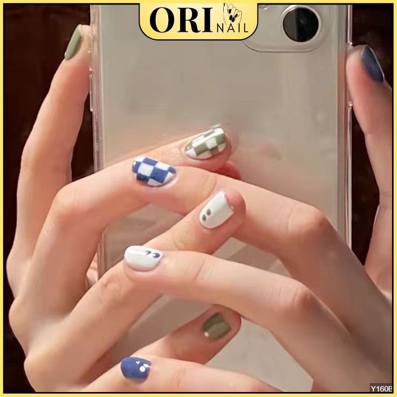 Móng Tay Giả Nail Box Kiểu Ngắn Màu Xanh Dương Xanh Lá 24 Móng Kèm Keo ORI NAIL Y160B