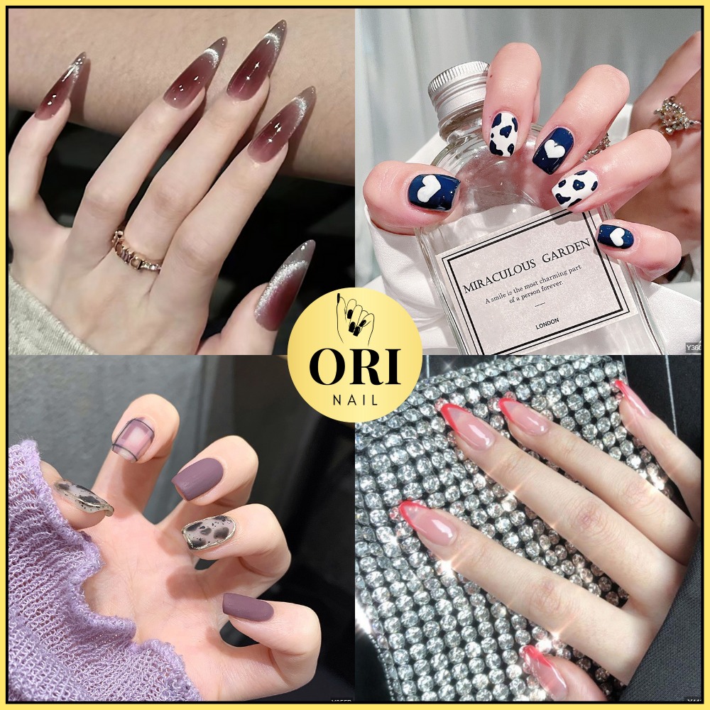 Móng Tay Giả Nail Box Đính Đá Đính Charm Kiểu Dài Màu Hồng Đen ORI NAIL ZX22