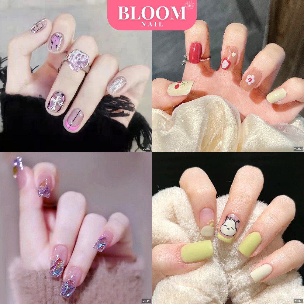 Móng Tay Giả Nail Box Đính Đá Đính Charm Kiểu Dài Màu Hồng Đen Móng Úp Bloom Nail ZX22