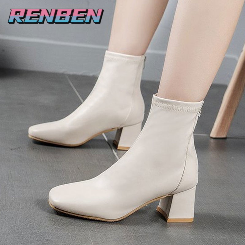 Giày bốt Martin RENBEN mũi vuông gót dày co giãn phong cách Anh Quốc thời trang thu đông