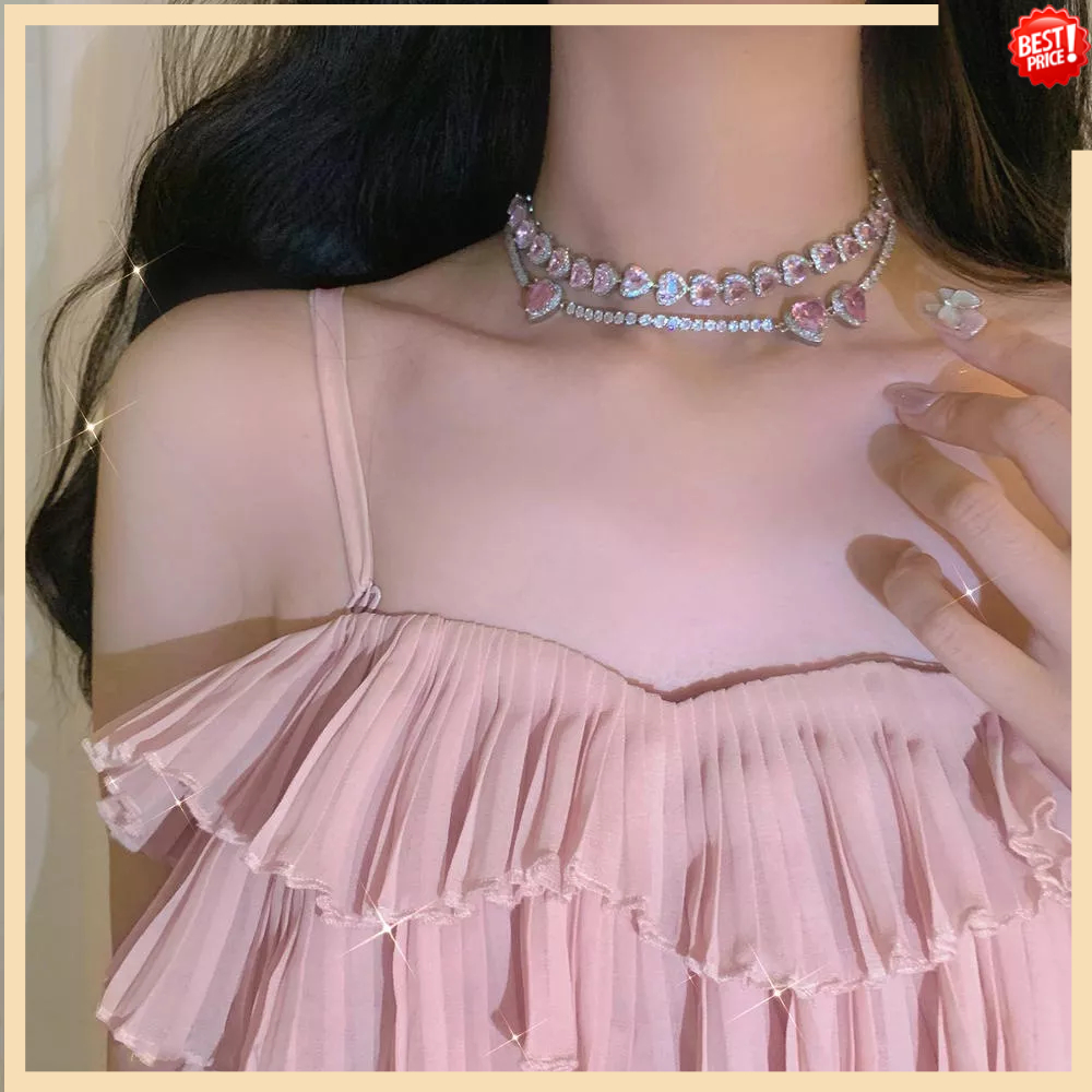 Vòng Cổ Choker Hình Trái Tim Đính Đá Zircon Hồng Ngọt Ngào Thanh Lịch Phong Cách Hàn Quốc Dành Cho Bạn Nữ