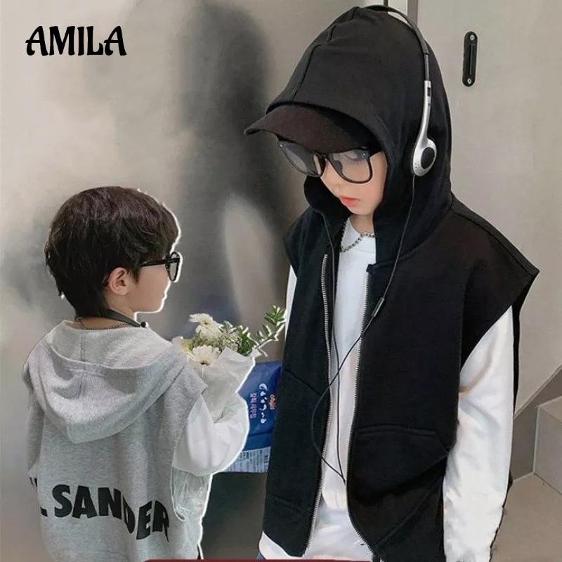 Áo khoác hoodie AMILA không tay dáng rộng thời trang xuân thu dành cho bé