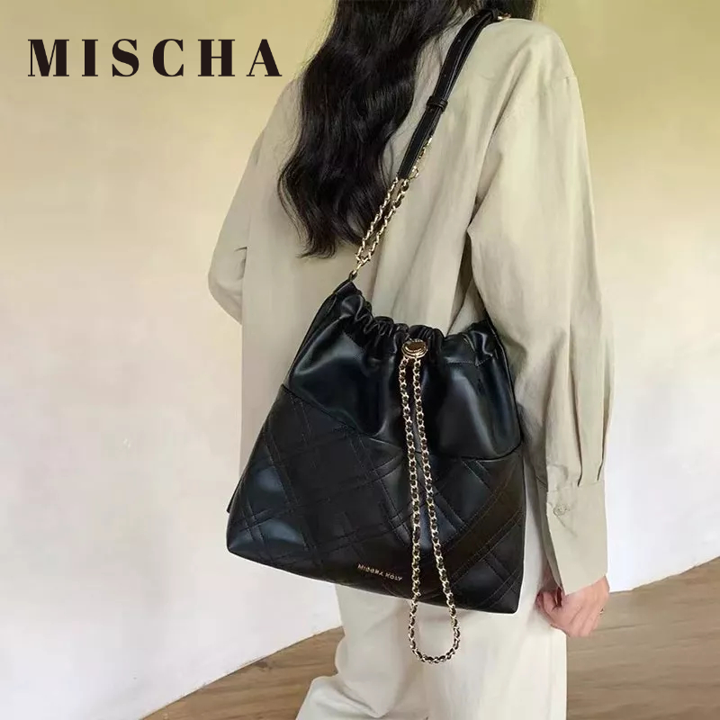 MISCHA Túi Xách Da PU Dây Rút Màu Trơn Sức Chứa Lớn Dễ Phối Đồ Thời Trang Cho Học Sinh