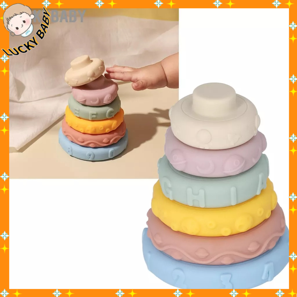 LUCKYBABY 6 Chiếc Nhẫn Xếp Hình Cảm Giác Cho Bé Giáo Dục Có Tiếng Kẹt Dạng Khác Nhau Mềm Mại Tròn Đồ Chơi Trẻ Em