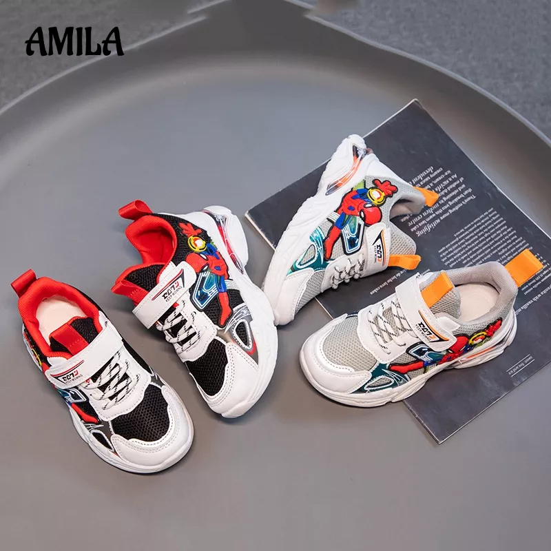 Giày thể thao AMILA phối lưới thoáng khí họa tiết người nhện cá tính cho bé trai