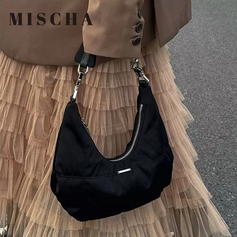 Mischa Túi Đeo Vai Vải Nhung Màu Trơn Hình Trăng Khuyết Phong Cách retro Thời Trang