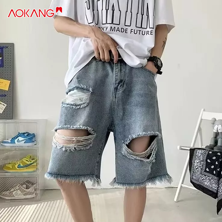 Quần short denim AOKANG phối rách phong cách đường phố Hàn Quốc thời trang mùa hè 2023 cho nam