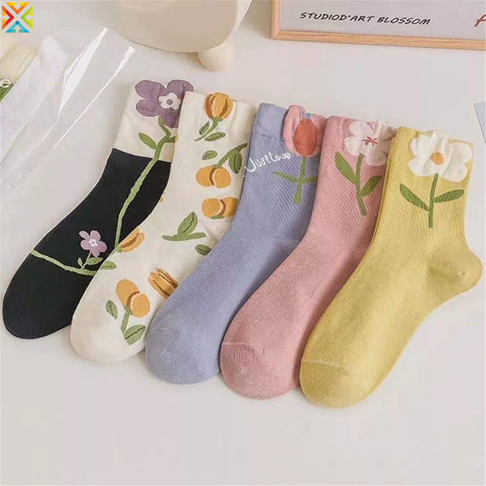 Vớ Cotton Thoáng Khí Họa Tiết Hoa Dễ Thương Phong Cách Hàn Quốc Cho Nữ