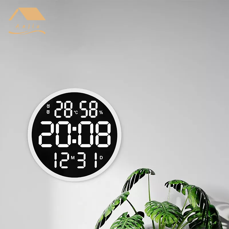 Đồng Hồ Báo Thức Điện Tử Treo Tường Hình Tròn Có Đèn LED 12 inch Không Ồn Đo Nhiệt Độ Và Độ Ẩm