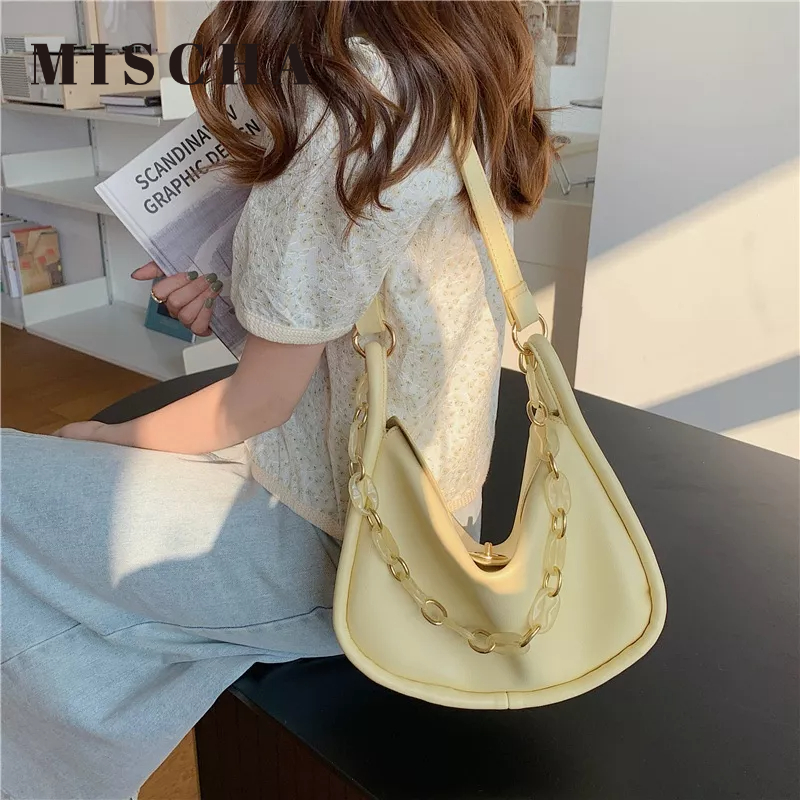Mischa Túi Xách Da PU Màu Trơn Phối Dây Đeo Sợi Xích Thời Trang Dành Cho Nữ