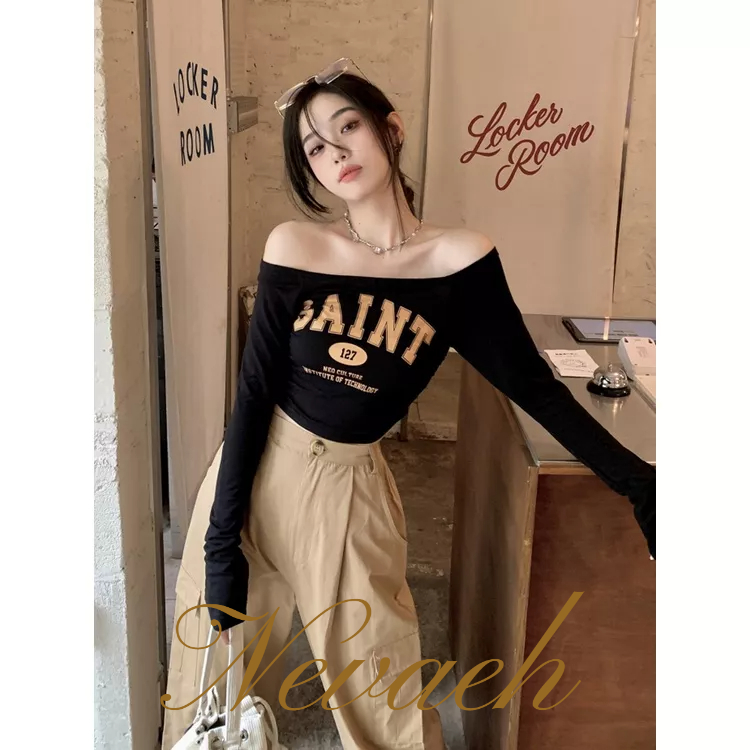 Nevaeh Áo Thun Mỏng Tay Dài Hở Vai Màu Xám Phong Cách retro Mỹ Dễ Phối Đồ Dành Cho Nữ áo croptop