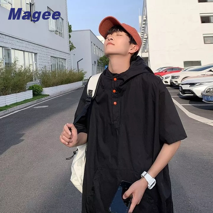 Áo Hoodie Tay Lửng Màu Đen Có Khóa Kéo Phong Cách Đường Phố Hàn Quốc Cho Nam