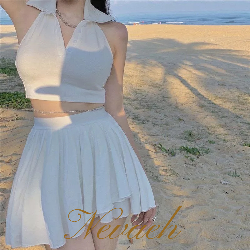 Áo Hai Dây Cổ Polo Màu Trơn Thời Trang Mùa Hè Cho Nữ