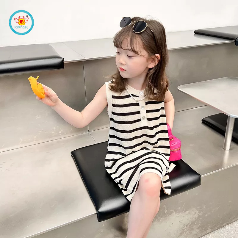 Đầm IQ ANGEL từ cotton họa tiết kẻ sọc nhanh khô thoáng khí thời trang cho bé gái