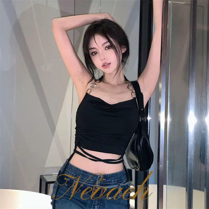 Neeeh Áo Dây Rút Ngắn Màu Đen Xinh Đẹp Mặc Bên Ngoài Ngọt Ngào Và Quyến Rũ Cho Nữ