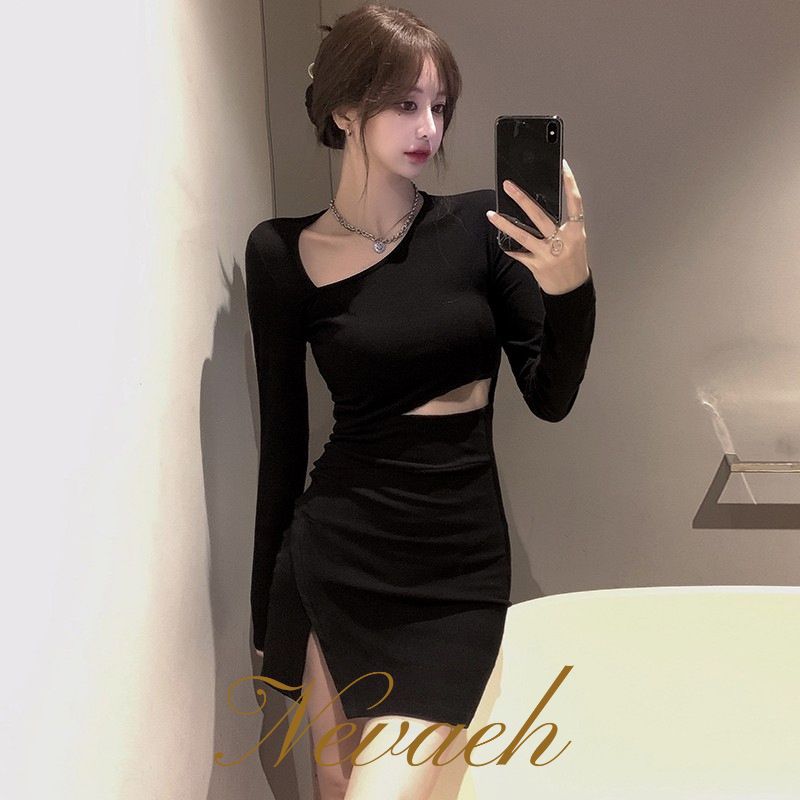 Neeeh Đầm Ôm Eo Tay Dài Cổ Chéo Gợi Cảm Phong Cách Mới Cho Nữ