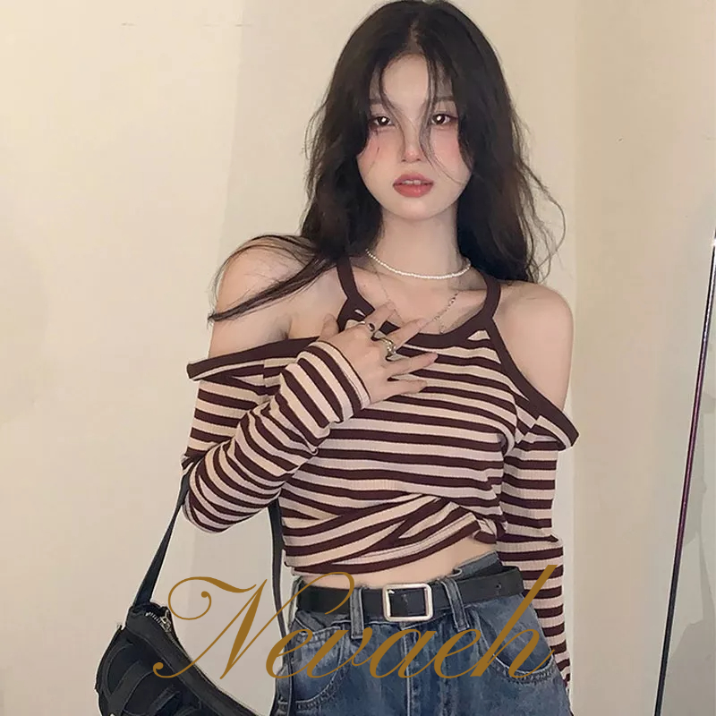 Áo Thun Tay Dài Cổ Tròn Hở Vai Họa Tiết Kẻ Sọc Màu Sắc Tương Phản Phong Cách Hàn Quốc Dành Cho Bạn Nữ áo croptop