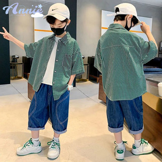 Annie Áo Sơ Mi Ngắn Tay Họa Tiết Kẻ Sọc Thời Trang Mùa Hè Cho Bé Trai