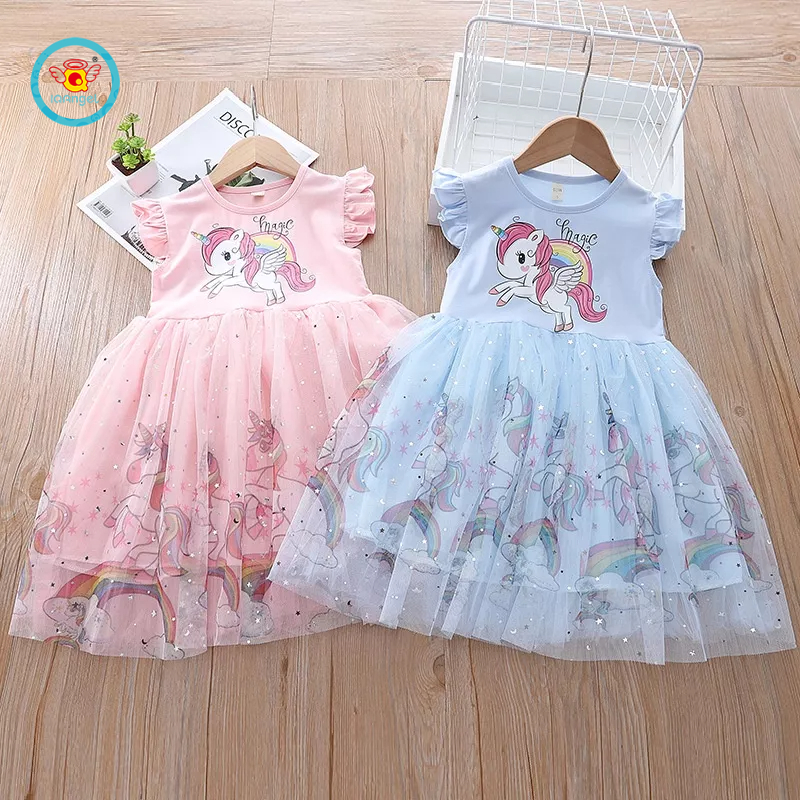 Đầm công chúa IQ ANGEL tay ngắn bằng vải cotton in họa tiết kỳ lân dành cho bé gái