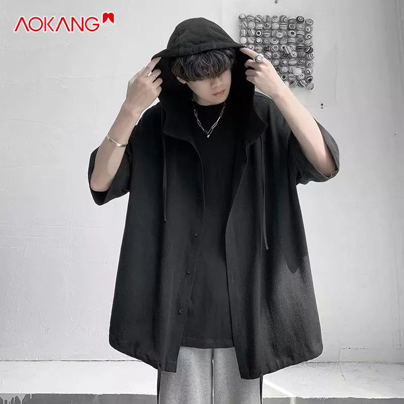 Aokang Áo Sơ Mi Tay Lửng Có Mũ Trùm Oversized 300kg Phong Cách vintage Mùa Hè Dành Cho Nam Nữ