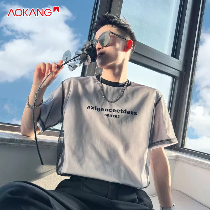 Áo thun AOKANG tay ngắn giả hai lớp thiết kế thời trang mùa hè 2023 mới thường ngày dành cho nam
