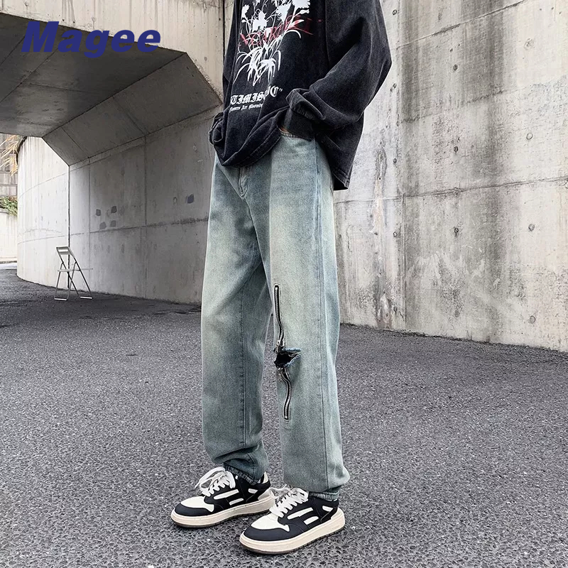 Magee Quần Jean Ống Rộng Dáng Suông Màu Xanh Dương retro Đường Phố Cao Cấp Có Khóa Kéo Phù Hợp Với Nam Giới
