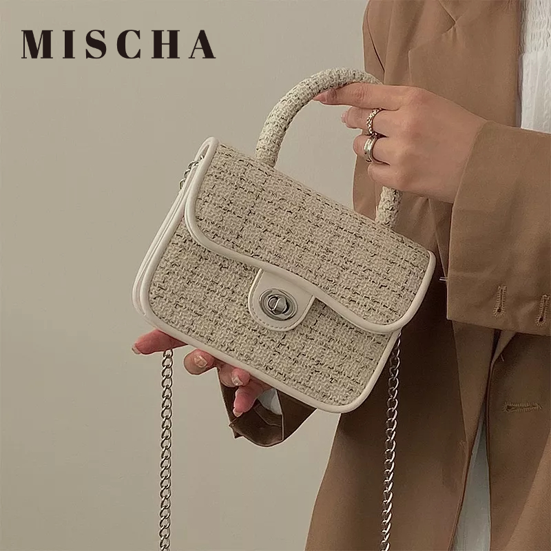 MISCHA Túi Xách Đeo Vai Hình Vuông Bằng Vải Bạt Nhỏ Nhắn Sọc Caro Màu Tương Phản Thời Trang Phong Cách Pháp Cho Nữ