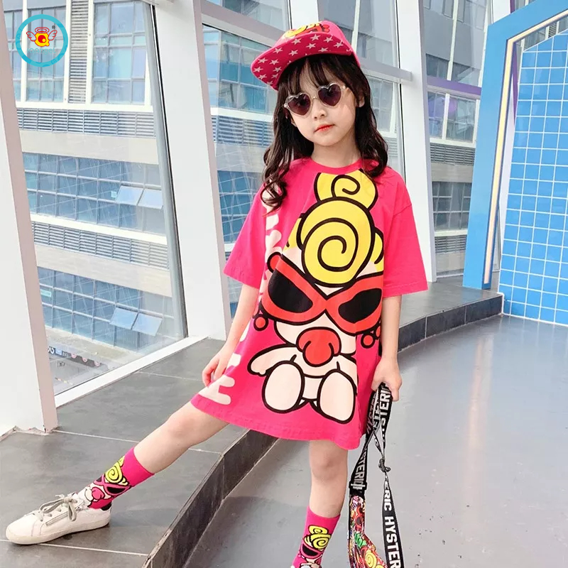 Đầm thun IQ ANGEL cotton thoáng khí mau khô họa tiết hoạt hình dễ thương cho bé gái