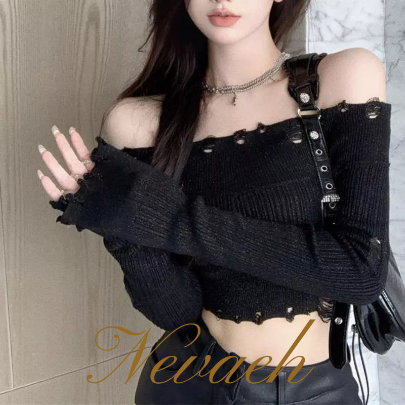 Áo Dệt Kim Tay Dài Lệch Vai Quyến Rũ Thời Trang Cho Nữ áo croptop