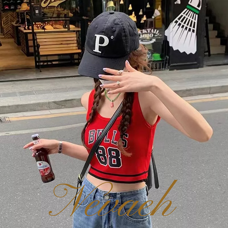 Nevaeh Áo tank top Hai Dây In Chữ Phong Cách Mỹ Cổ Điển Có Đệm Ngực Mỏng Vừa Vặn Và Không Tay Hàng Mới Dành Cho Bạn Nữ áo croptop