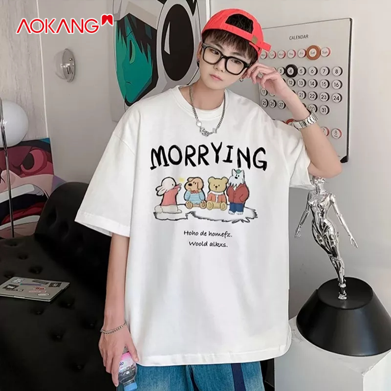 Aokang Áo Thun Tay Ngắn Dáng Rộng Họa Tiết Hoạt Hình anime Thời Trang Mùa Hè Trẻ Trung Cho Nam