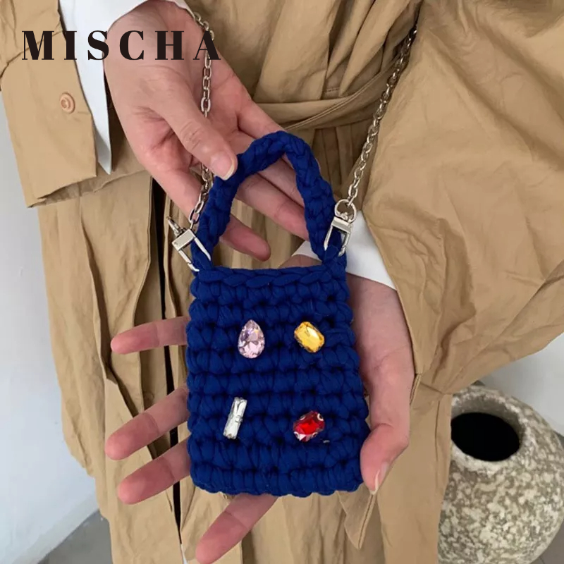 MISCHA Túi Đeo Chéo mini Màu Trơn Đính Đá Thời Trang Hàn Quốc