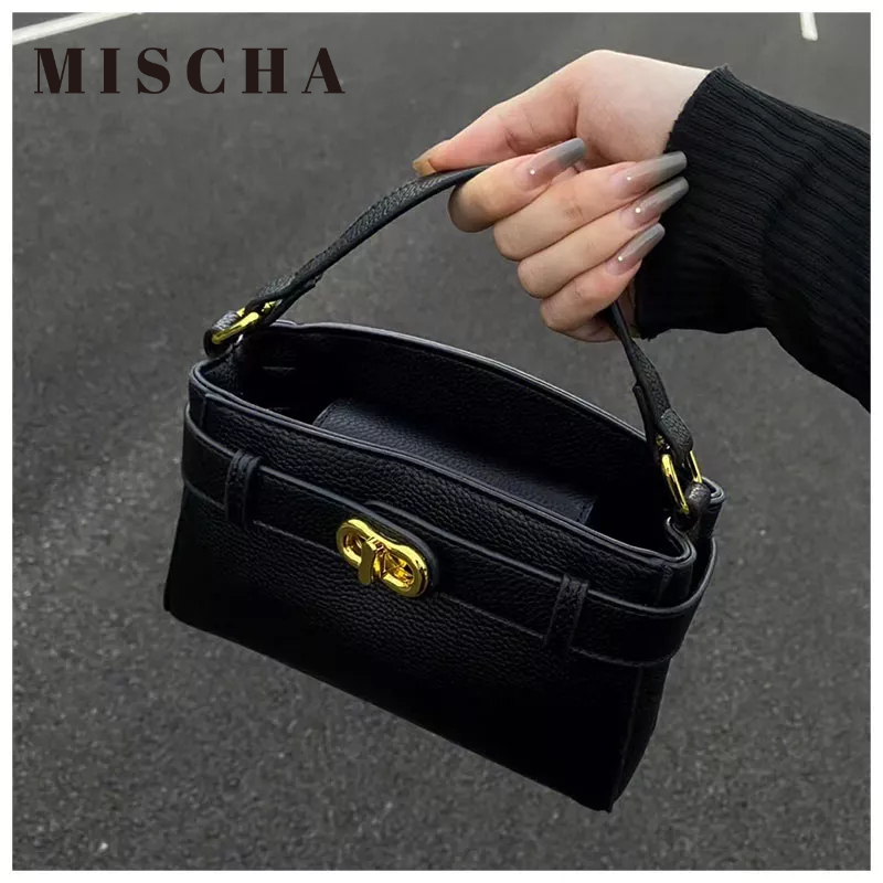 Mischa Túi Xách Đeo Vai Bằng Da PU Màu Trơn Có Khóa Kim Loại Phong Cách retro Cao Cấp