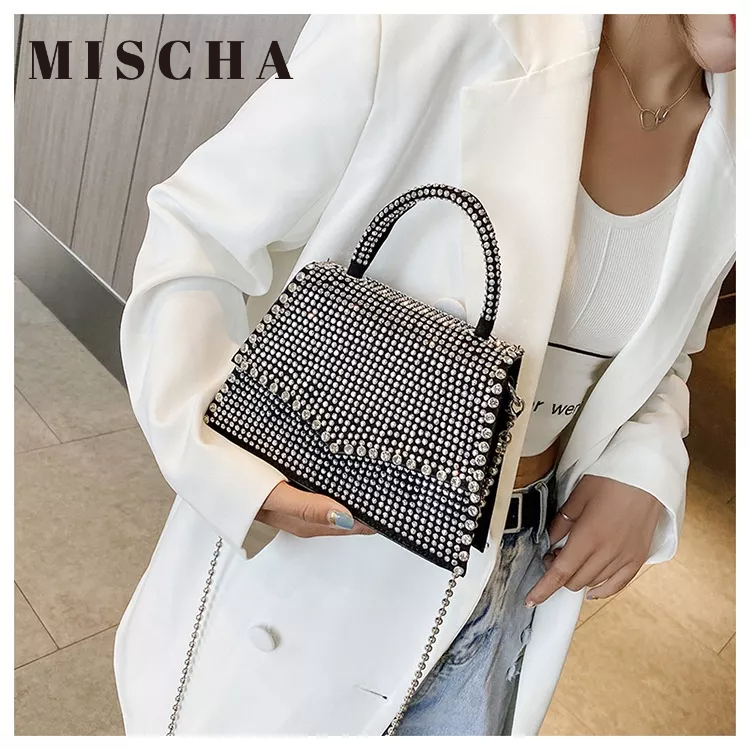Mischa Túi Đeo Chéo Vai Hình Vuông Cỡ Nhỏ Bằng Da PU Đính Kim Cương Lấp Lánh Thời Trang Dễ Phối Đồ