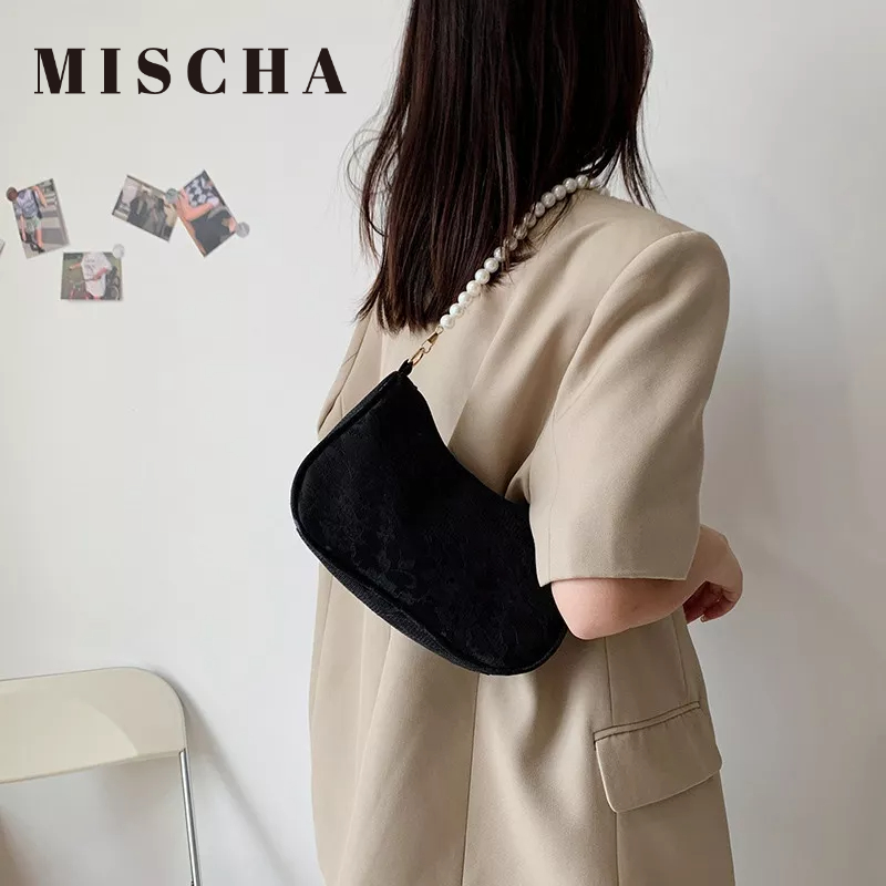 MISCHA Túi Xách Đeo Vai Phối Dây Đeo Sợi Xích Phong Cách retro Pháp Thời Trang Cho Nữ