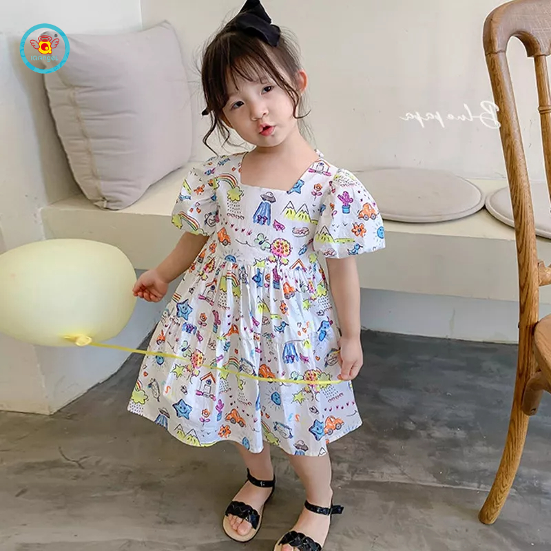 Đầm công chúa IQ ANGEL tay phồng in họa tiết hoạt hình thời trang mùa hè cho bé gái 3-8 tuổi