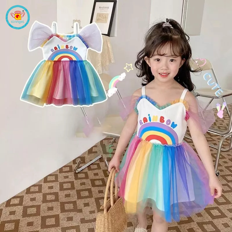 Đầm công chúa IQ ANGEL hai dây họa tiết hoa màu cầu vồng xinh xắn cho bé gái