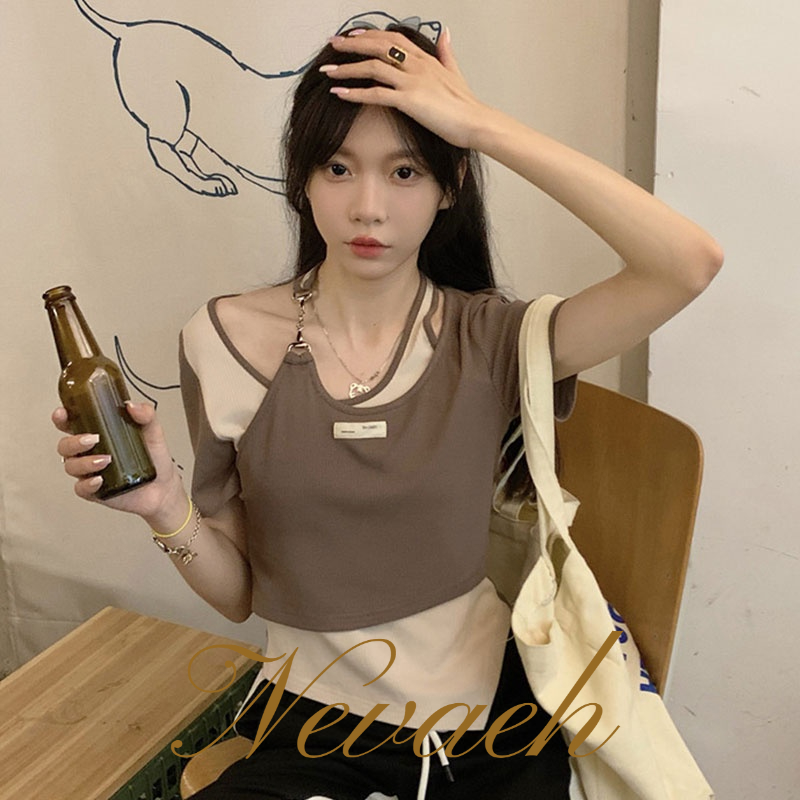 Áo Thun Ngắn Tay Giả Hai Lớp In Chữ Phong Cách Hàn Quốc Thời Trang Cho Nữ