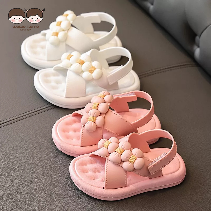 WO·WO Xăng đan Đế Mềm Chống Trượt Quai Dán Đính Hoa Dễ Thương Cho Bé Gái