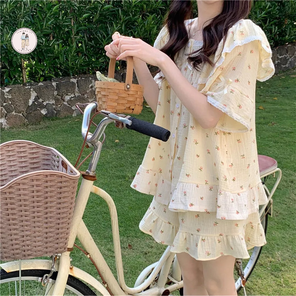 Bộ Đồ Ngủ 2 Món Tay Ngắn Viền Ren In Họa Tiết Hoa Xinh Xắn Thời Trang Mùa Hè Cho Nữ